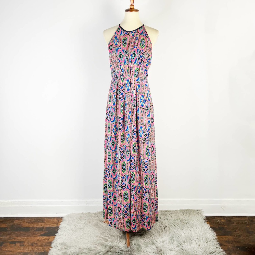 Under Skies pink blue yellow colorful moroccan print maxi dress size small